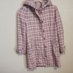 Chic Pink and White Plaid Hooded Pea coat